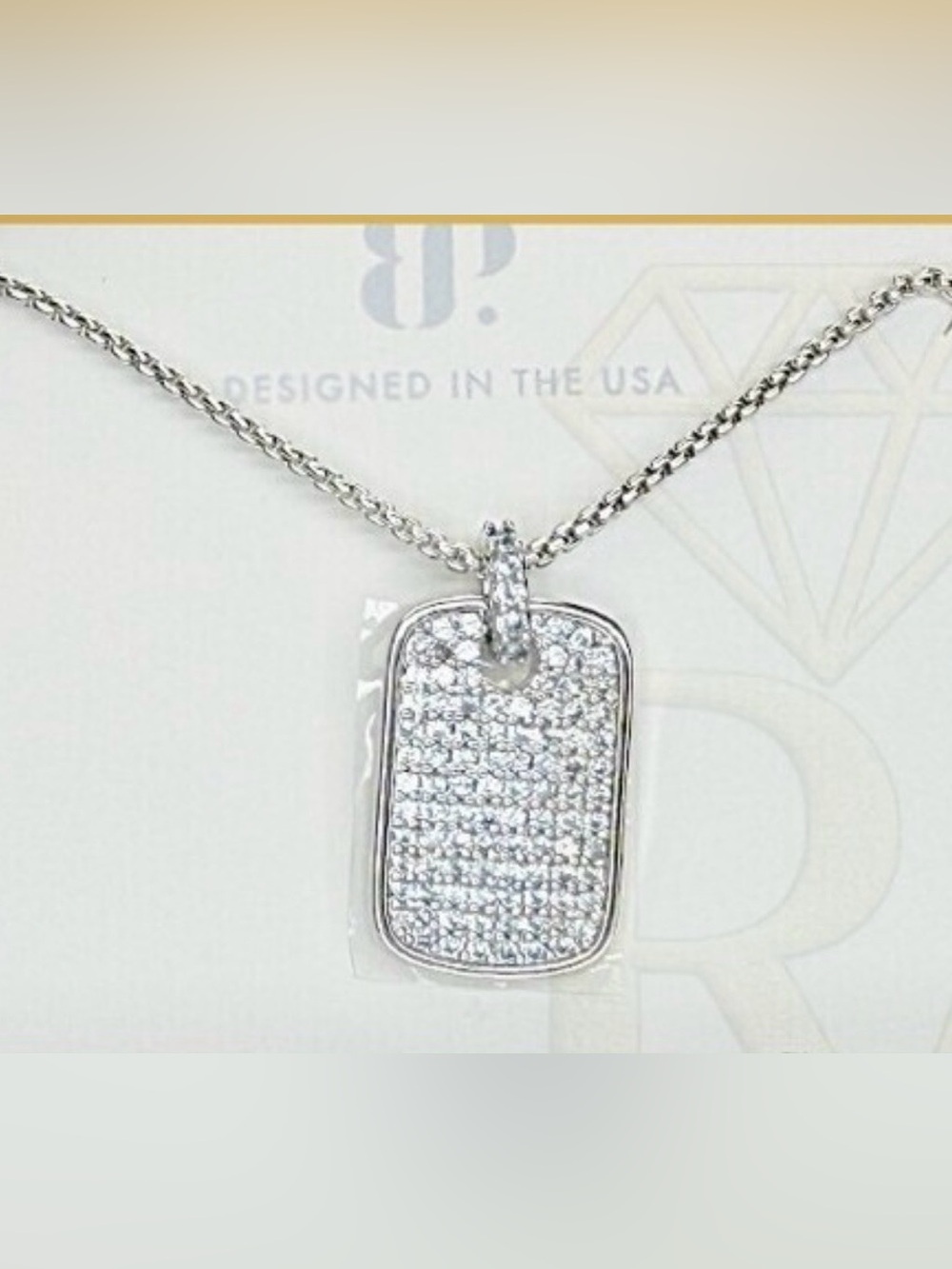 BP Diamond CZ on Rhodium Dog Tag necklace